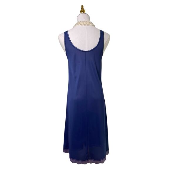Vintage 1973 Navy Blue Nylon Purple Lace Trim Full Slip Dress Women's Size M - Picture 7 of 10